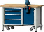 Montagewerkbank (40 mm) 1270x700x840 mm,4x SL 90,120,150,180mm / m. versenkb. Schraubstock,RAL 7035/5010