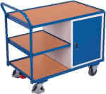 Tischwagen 250kg,B1125xT625xH1010mm,RAL 7035/5010 - 1 Schrank,3 Ladeflächen