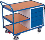 Tischwagen 250kg,B1125xT625xH1010mm,RAL 7035/5010 - 4 Schubladen,3Ladeflächen