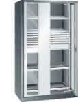 Einschwenktürenschrank,B1100xT641xH1950mm,RAL 7035,Sichtfenstertür - 4 Böden,3 Schubladen