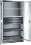Flügeltürenschrank,B1000xT580xH1950mm,RAL 5012,Sichtfenstertür - 4 Böden,3Schubladen