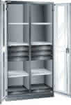 Flügeltürenschrank,B1000xT580xH1950mm,RAL 7035,Sichtfenstertür - 8 Böden,6Schubladen