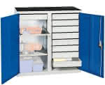 Werkzeugschrank S2000,RAL 7035/5010,Mitteltrennwand, 9 Schubl - 2 Wannenböden