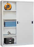 Schwerlastschrank,H1200xB1500xT500 mm,4 Böden verz. Mittelwand - RAL 7035 Schiebetür