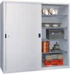 Schwerlastschrank,H1950xB2000xT600 mm,8 Böden verz. Mittelwand - RAL 7035 Schiebetür