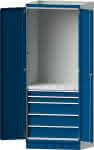 Modulschrank Modell 2410,B865xT720xH2200mm,RAL 7035/5010 mit Türen - 5 Schubladen